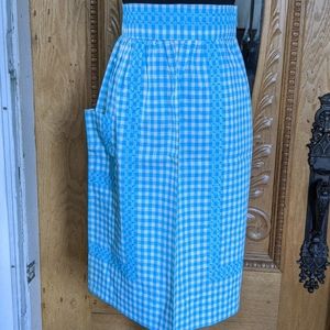 Vintage light Blue Gingham Half Apron with Pocket